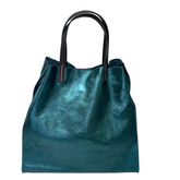 Stella - Leather  Metallic Handbag with Pouch - Teal